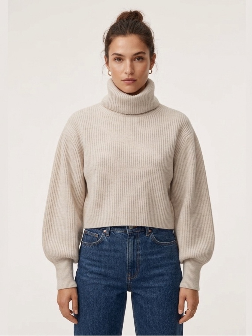 Aritzia Wilfred Rebecca Cropped Turtleneck Merino Wool Heather Birch Beige M